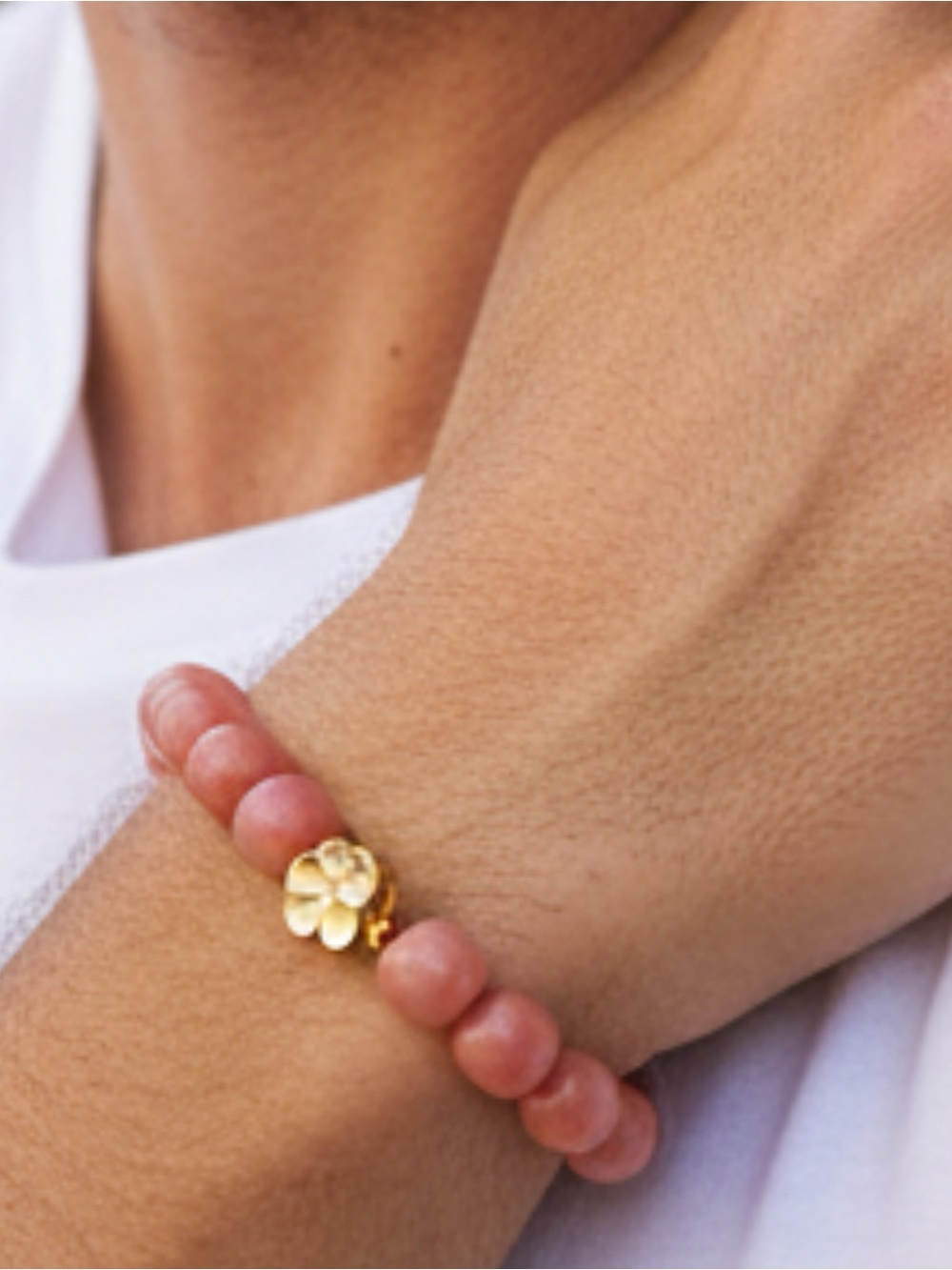 Gold Flower Coral Pink Bohdi Bead Stretch Bracelet